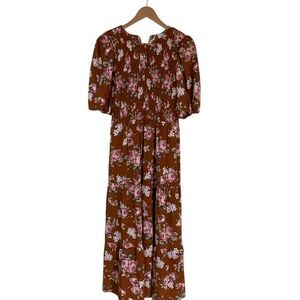 WAYF Womens Floral Smocked Midi Dress Rust Pink Size S Cottage Core Prairie‎